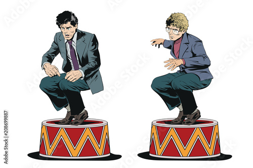 Businessman on circus pedestal. Stock illustration.