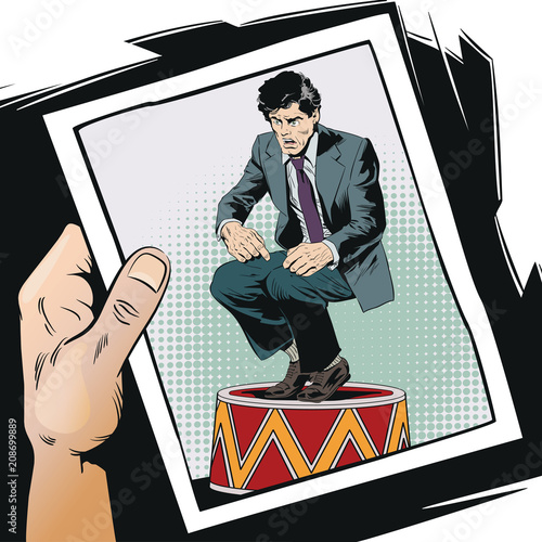 Businessman on circus pedestal. Stock illustration.
