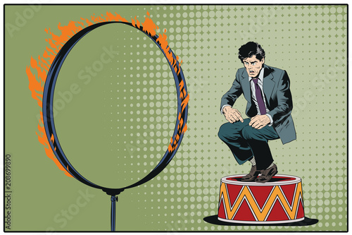 Businessman on circus pedestal. Stock illustration.