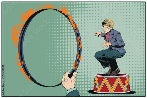 Businessman on circus pedestal. Stock illustration.