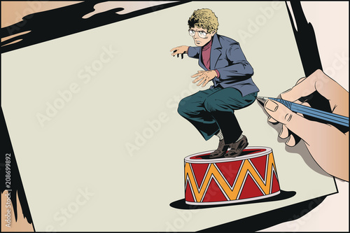 Businessman on circus pedestal. Stock illustration.