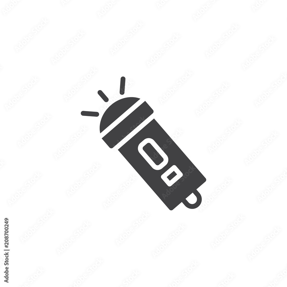 Flashlight vector icon. filled flat sign for mobile concept and web design. Tourist flashlight simple solid icon. Symbol, logo illustration. Pixel perfect vector graphics Flashlight vector icon. filled flat sign for mobile concept and web design. Tourist flashlight simple solid icon. Symbol, logo illustration. Pixel perfect vector graphics