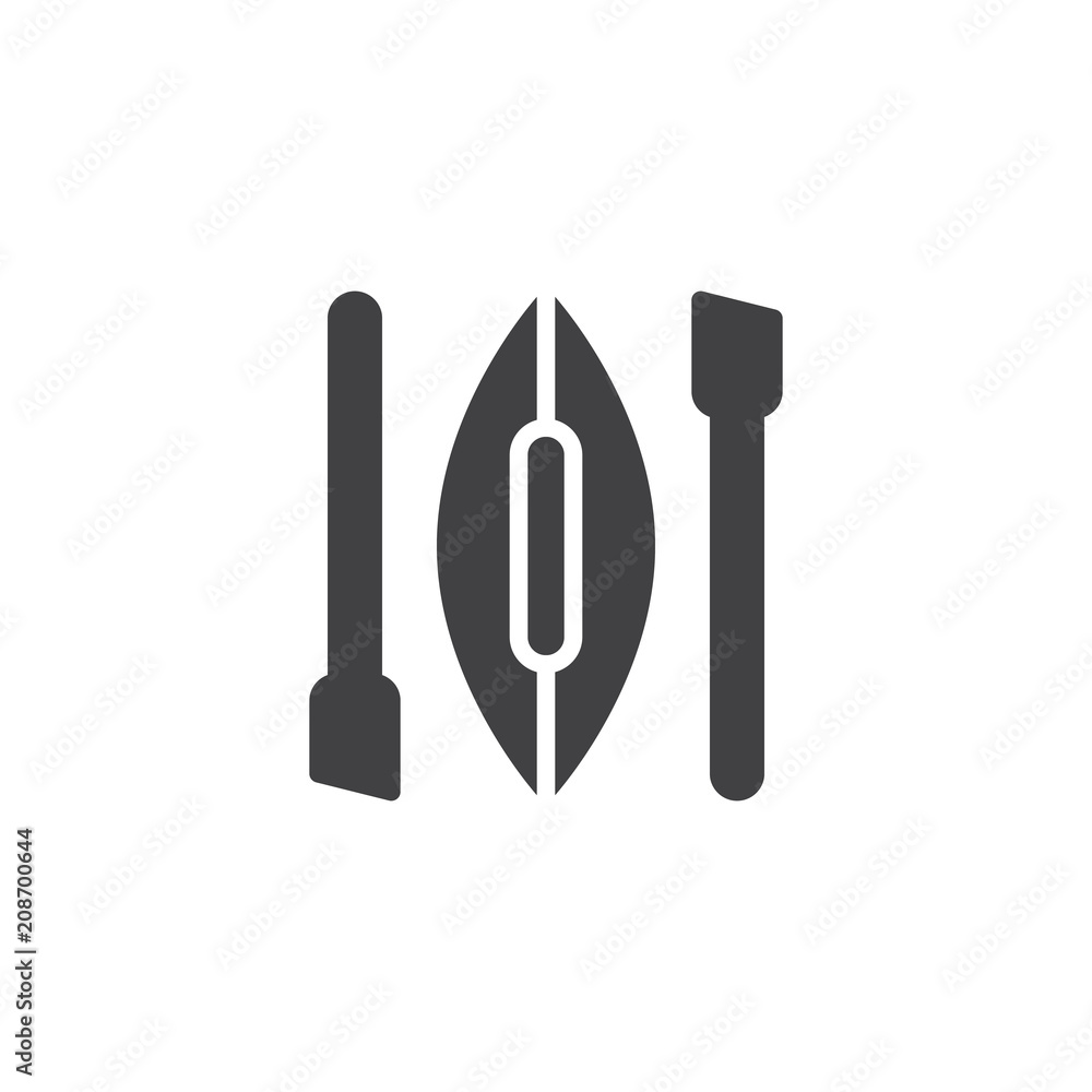 Kayak and oars vector icon. filled flat sign for mobile concept and web design. Canoe with paddle simple solid icon. Symbol, logo illustration. Pixel perfect vector graphics Kayak and oars vector icon. filled flat sign for mobile concept and web design. Canoe with paddle simple solid icon. Symbol, logo illustration. Pixel perfect vector graphics