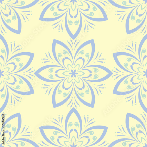 Floral seamless pattern. Beige background with light blue and green flower elements