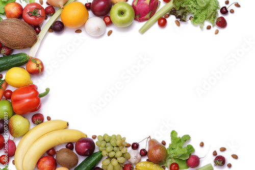 Frame of fresh fruits on white background
