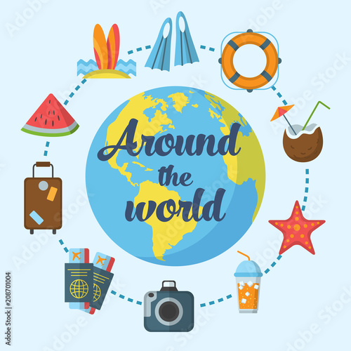 Trip vector poster design concept, flat style with thin line art icons