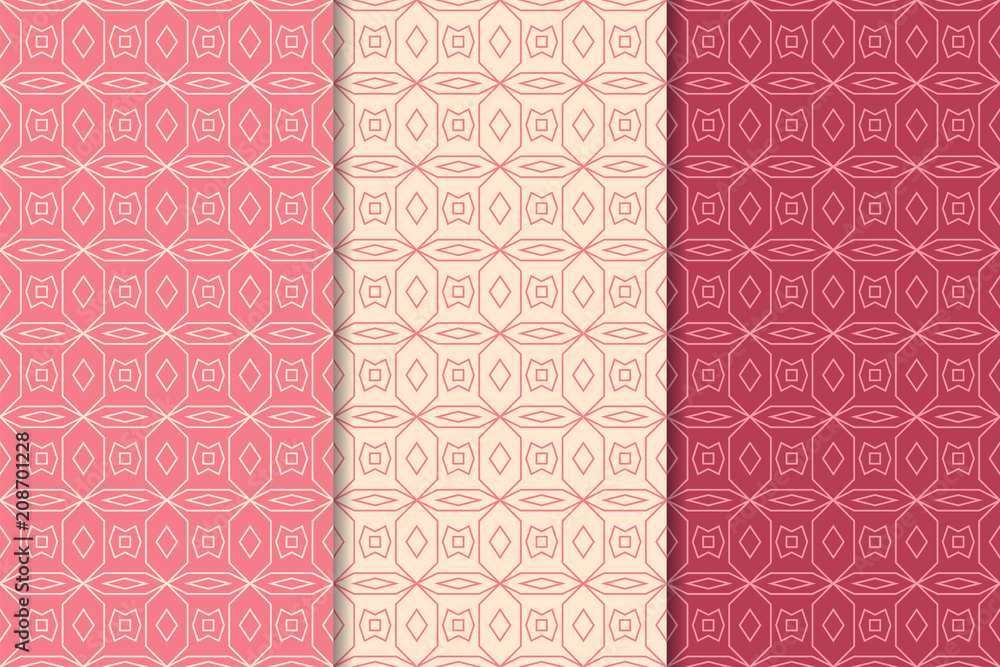 Cherry red geometric ornaments. Set of seamless patterns Cherry red geometric ornaments. Set of seamless patterns