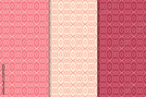 Cherry red geometric ornaments. Set of seamless patterns