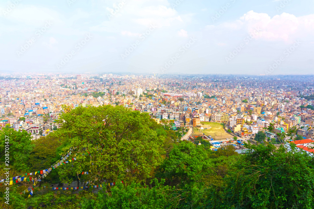 Panorama view over Kathmandu city from Swayambhunath temple complex, Nepal.
