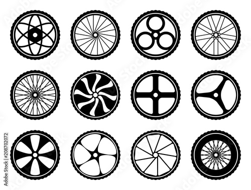 Bicycle wheels set with tires and spokes. Bike icons component. Vector illustration isolated on white background