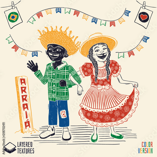 Arraia (means village, also name June Parties) - Happy multiracial hick couple - Brazilian June Party with diversity.Detailed vector for june party themes. Removable wood texture.