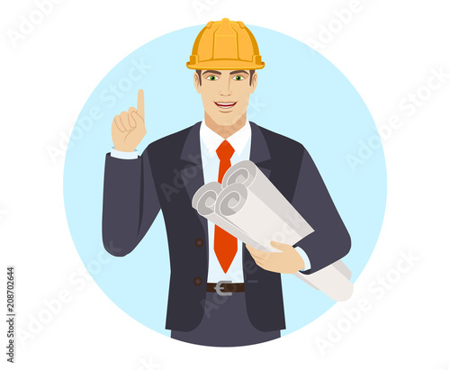 Businessman in construction helmet pointing up and holding the project plans