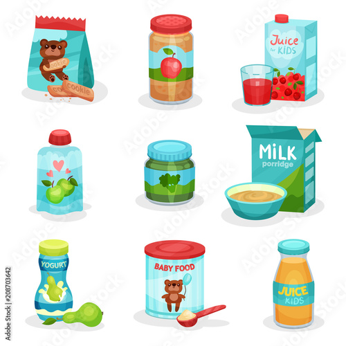 Flat vector set of food and drinks for babies. Natural yogurts and juices, fruit and vegetable puree, cookies and porridge