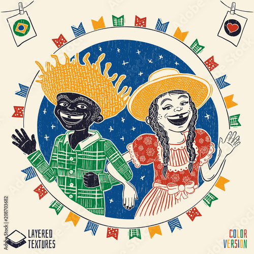 Happy multiracial hick couple waving - Brazilian June Party with diversity. Detailed vector for june party themes. Removable wood texture. Made in Brazil with love.