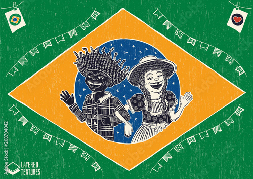 Happy multiracial hick couple waving inside the brazilian flag - June Party with diversity. Detailed vector for june party themes. Removable wood texture. Made in Brazil with love.