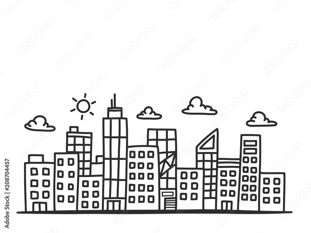 Hand draw doodle cityscape with copy space. Vector illustration.