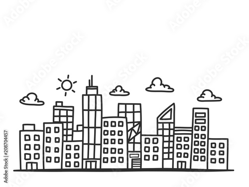 Hand draw doodle cityscape with copy space. Vector illustration.