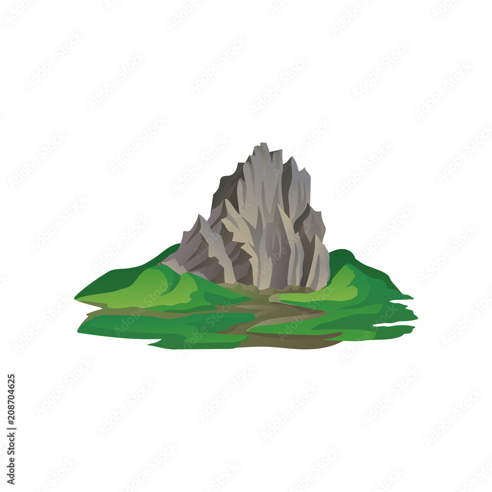 Obraz premium Flat vector icon of big stony mountain surrounded with grass. Natural landscape element. Wild nature and mountaineering theme