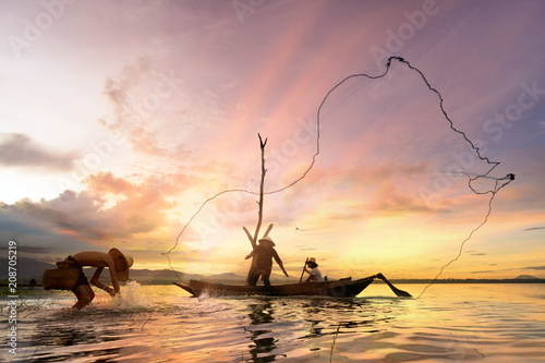 Fisherman Family at Bang Phra Reservoir Chonburi Province Thailand