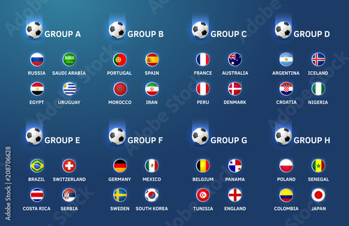Football world cup championship teams and groups. Vector background with flags of all the participating countries. Modern design for russian 2018 soccer tournament matches