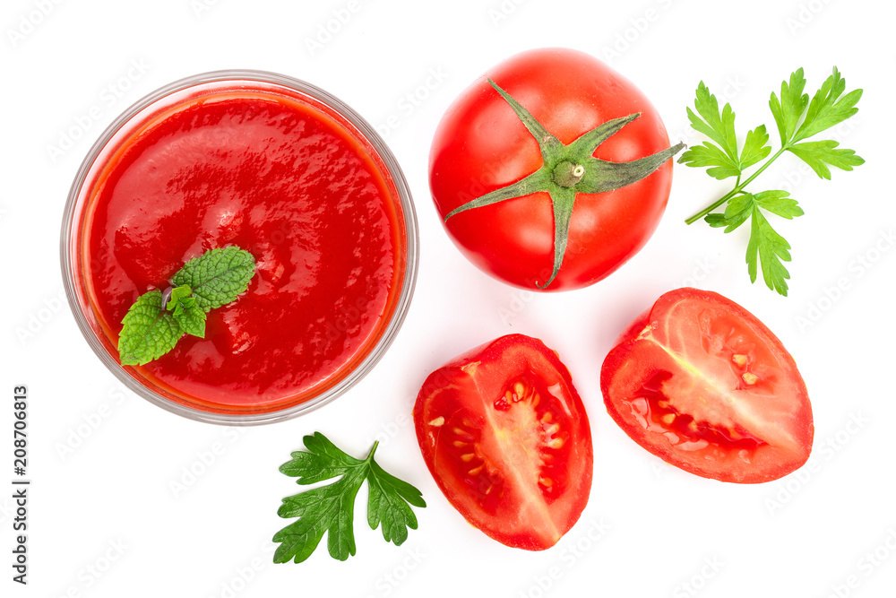 Tomato juice in glass and tomatoes with parsley leaves isolated on white background. Top view. Flat lay Tomato juice in glass and tomatoes with parsley leaves isolated on white background. Top view. Flat lay
