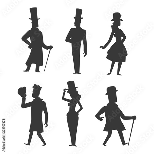 Vintage victorian cartoon gents retro people vector. Style fashion old people victorian gentleman clothing antique century character victorian gent people vintage wild west man and woman style