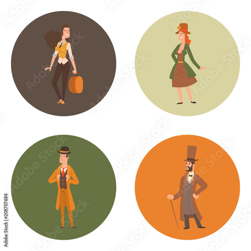 Vintage victorian cartoon gents retro people vector. Style fashion old people victorian gentleman clothing antique century character victorian gent people vintage wild west man and woman style