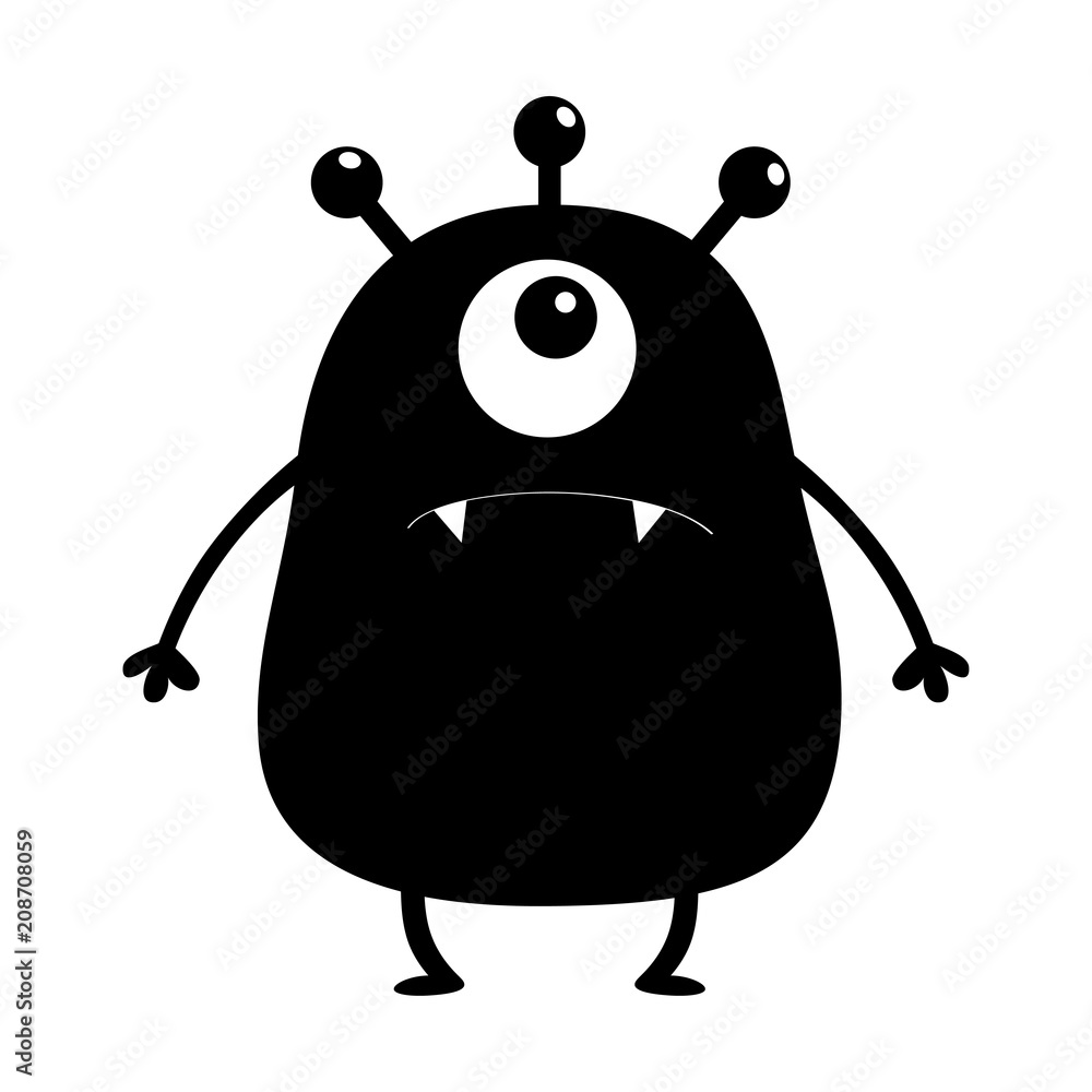 Black monster silhouette. Cute cartoon scary funny character. Baby  collection. One big eye, fang tooth, hands. White background. Isolated.  Happy Halloween card. Flat design. Stock Vector | Adobe Stock