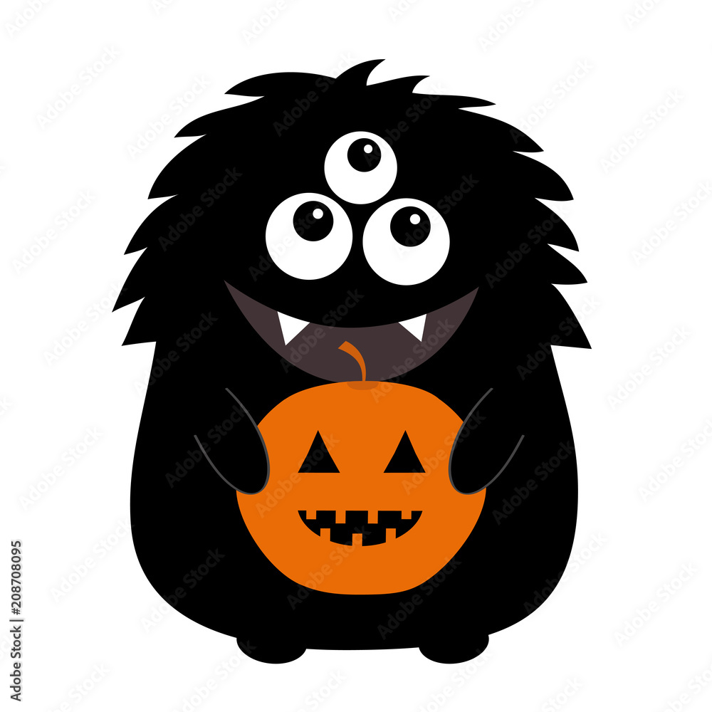 Black monster silhouette holding pumpkin. Cute cartoon scary funny  character. Baby collection. Three eyes, fang tooth, big tongue, hands.  White background. Isolated. Happy Halloween card. Flat design Stock Vector  | Adobe Stock