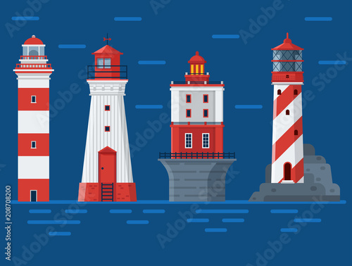 Red lighthouse set. Sea guiding light houses buildings. Pharos or beacon collection. Searchlight towers of different types in flat design.