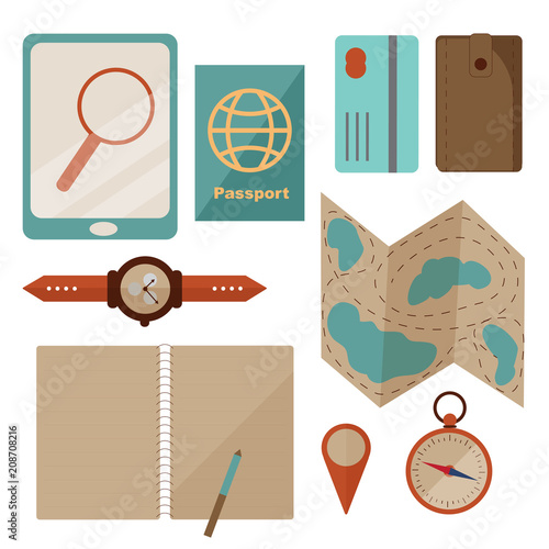 Planning traveling set, travel essentials with passport, laptop, wallet, credit card, map with route and wrist watch. Exploring the world, ready for journey and adventures elements, trip preparation.