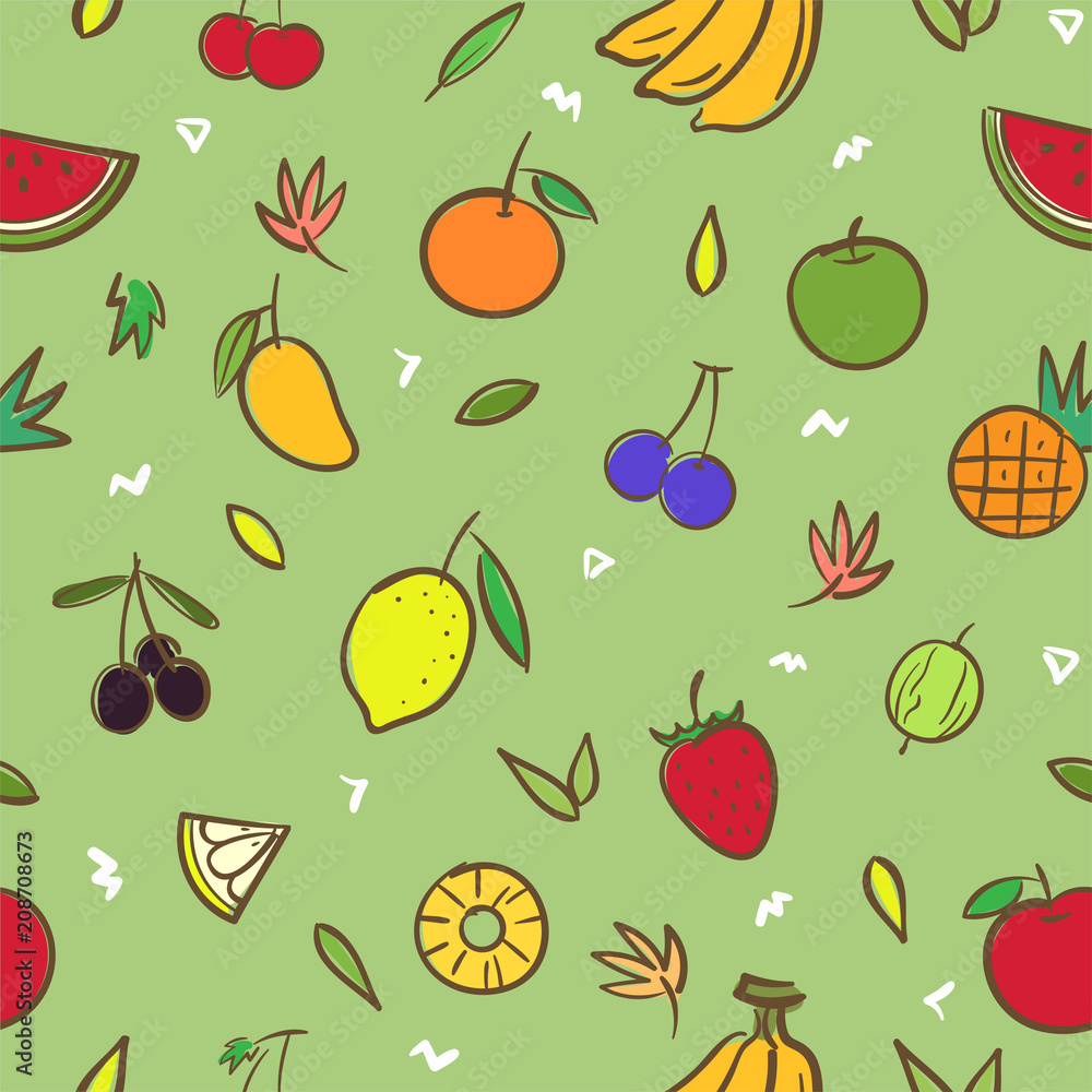 Mix cute fruits seamless pattern background vector format in hand drawing cartoon style