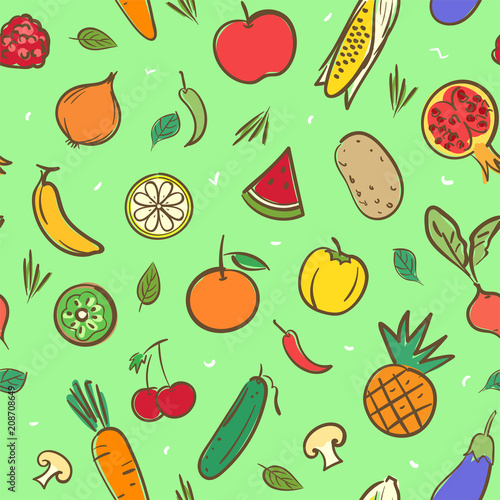Cute mix fruits and vegetables seamless pattern background vector format in hand drawing cartoon styles