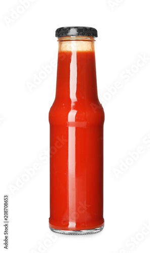 Bottle with tasty ketchup sauce on white background