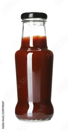 Bottle with tasty barbeque sauce on white background