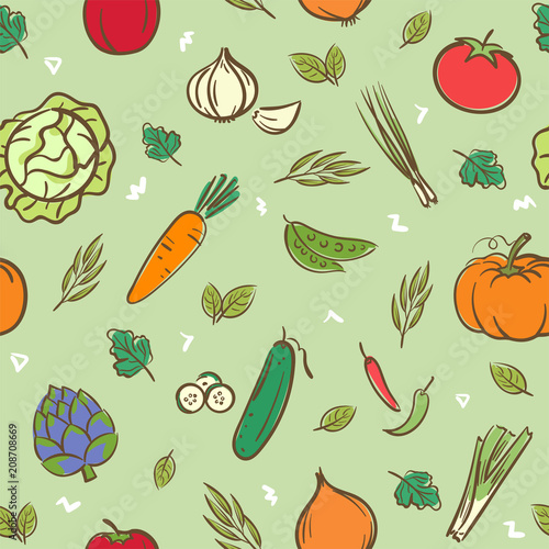 Cute mix vegetables seamless pattern background vector format in hand drawing cartoon style