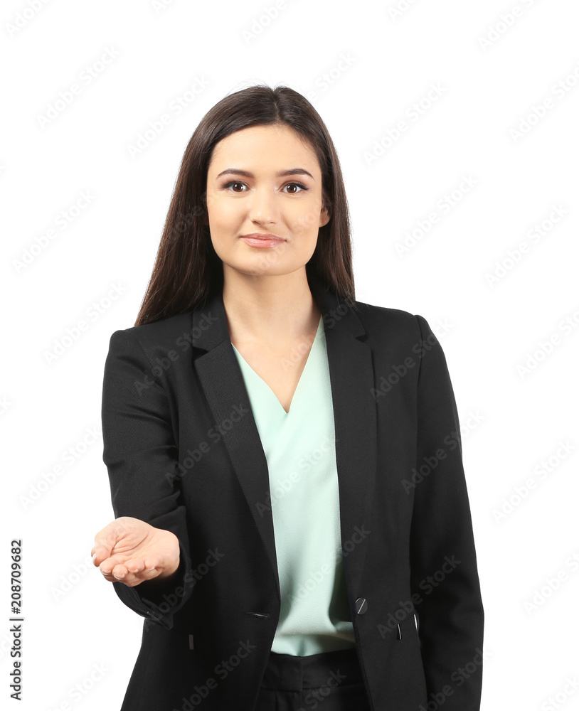 Young businesswoman holding something on white background Young businesswoman holding something on white background