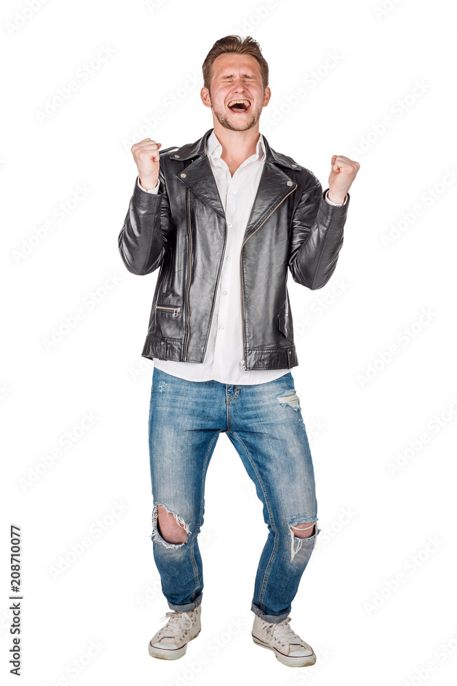 portrait of young man in black eather jacket isolated on a white background. Emotion and people concept. portrait of young man in black eather jacket isolated on a white background. Emotion and people concept.