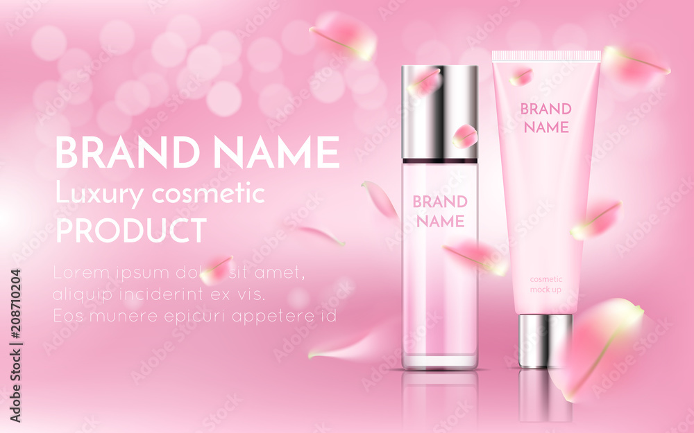 A beautiful templates for cosmetic ads, realistic 3d pink bottle with cosmetic tube for moisturizing skin care cream on a shiny bokeh background with water rose sakura. Vector illustration, eps10 A beautiful templates for cosmetic ads, realistic 3d pink bottle with cosmetic tube for moisturizing skin care cream on a shiny bokeh background with water rose sakura. Vector illustration, eps10