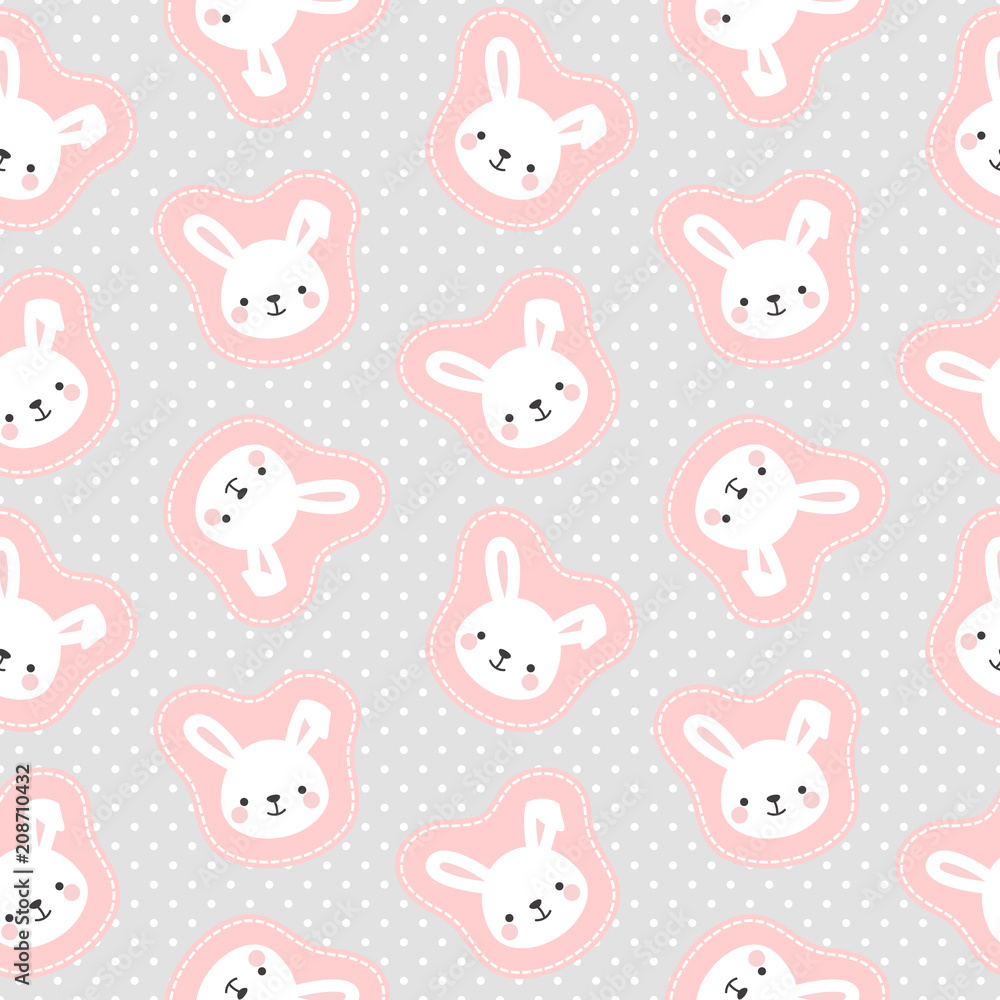 Cute White Bunny Rabbit with Cartoon Cloud Seamless Pattern Background, Vector illustration Cute White Bunny Rabbit with Cartoon Cloud Seamless Pattern Background, Vector illustration