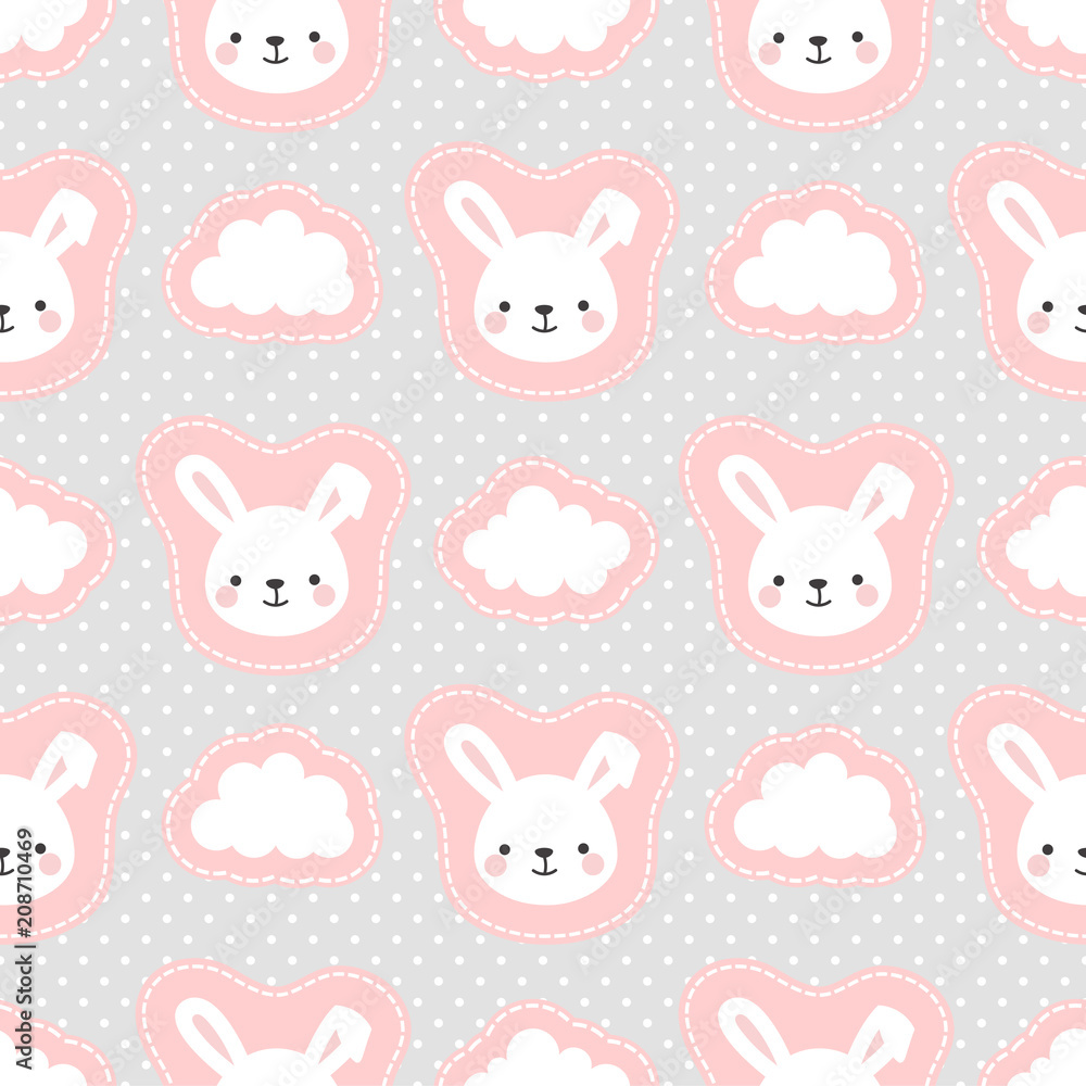 Cute White Bunny Rabbit with Cartoon Cloud Seamless Pattern Background, Vector illustration Cute White Bunny Rabbit with Cartoon Cloud Seamless Pattern Background, Vector illustration