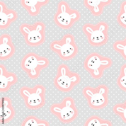 Cute White Bunny Rabbit with Cartoon Cloud Seamless Pattern Background, Vector illustration