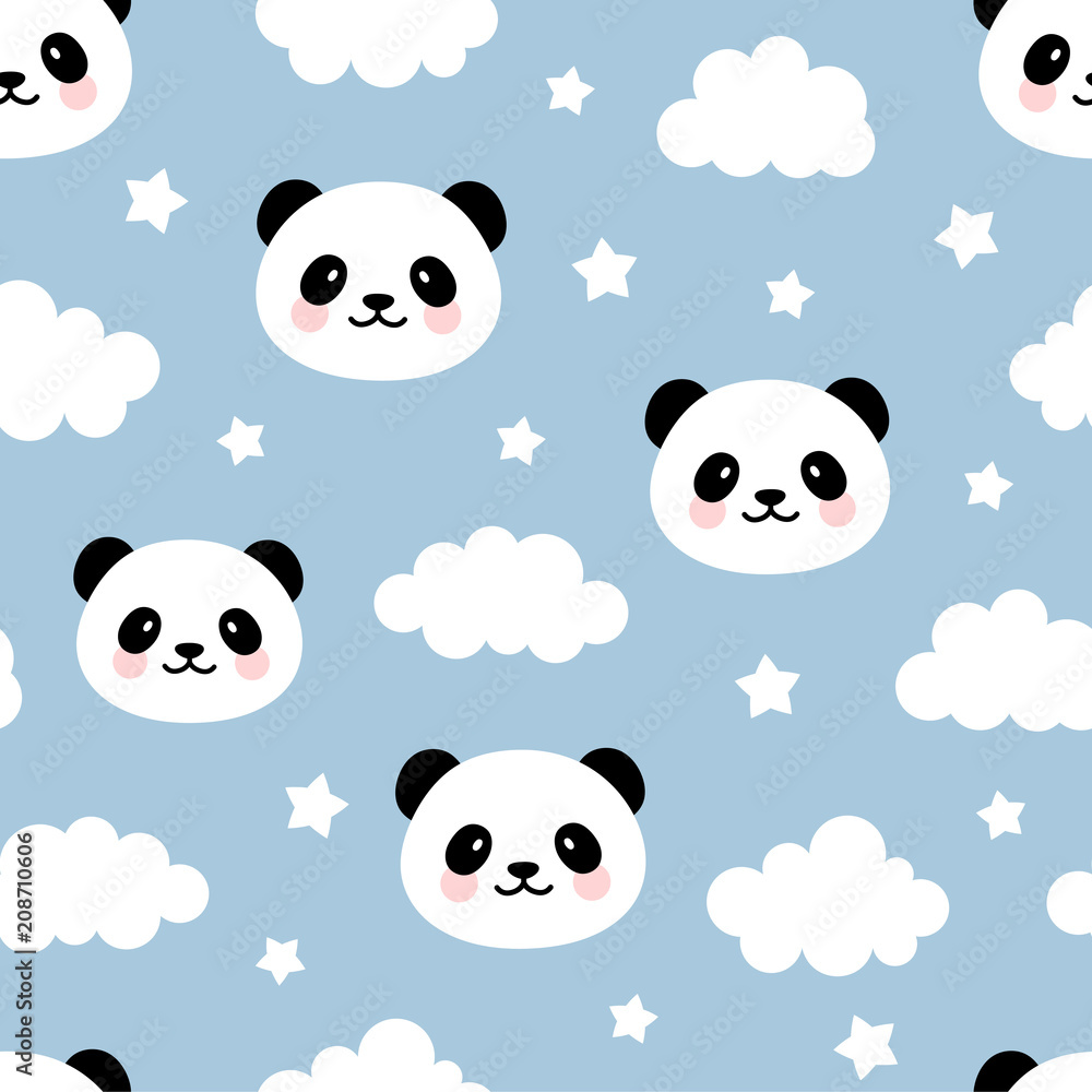 Cute Panda Seamless Pattern, Animal Background with Clouds for Kids ...