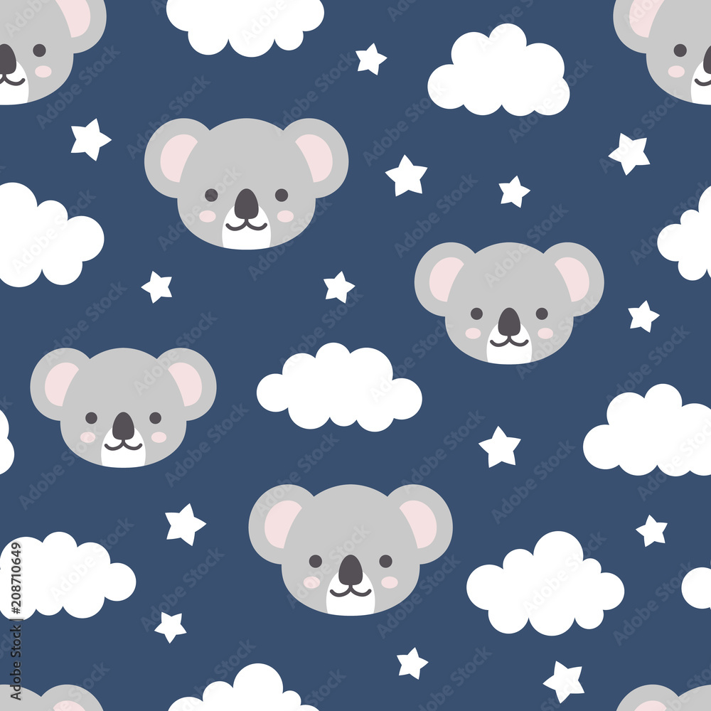 Cute Koala Seamless Pattern, Animal Background with Clouds for Kids