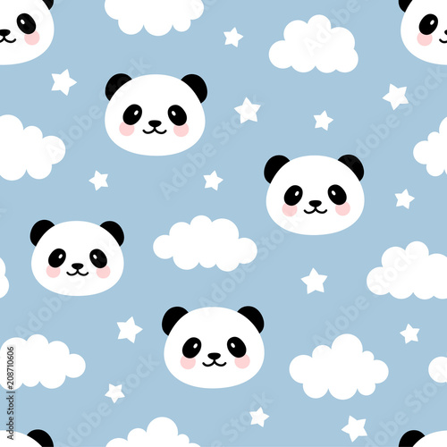 Fototapeta Naklejka Na Ścianę i Meble -  Cute Panda Seamless Pattern, Animal Background with Clouds for Kids
