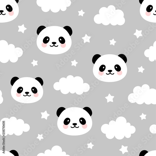 Fototapeta Naklejka Na Ścianę i Meble -  Cute Panda Seamless Pattern, Animal Background with Clouds for Kids