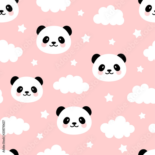 Fototapeta Naklejka Na Ścianę i Meble -  Cute Panda Seamless Pattern, Animal Background with Clouds for Kids