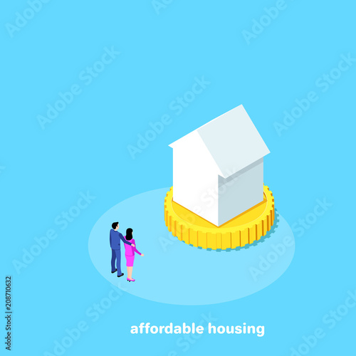 man and woman in business suits stand before the house standing on a large gold coin, isometric image