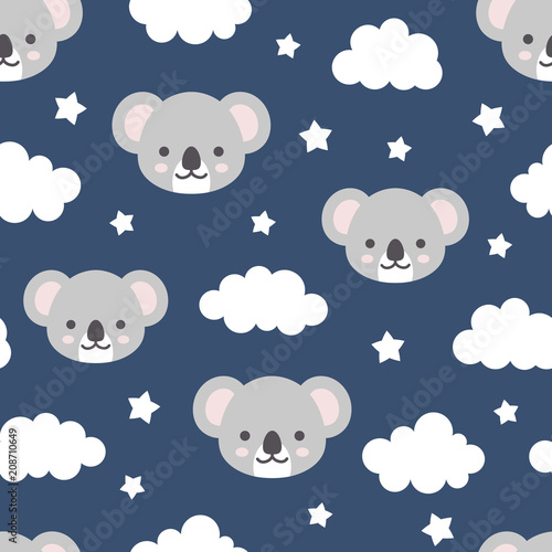 Cute Koala Seamless Pattern  Animal Background with Clouds for Kids