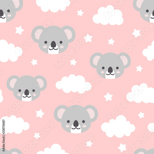 Cute Koala Seamless Pattern, Animal Background with Clouds for Kids